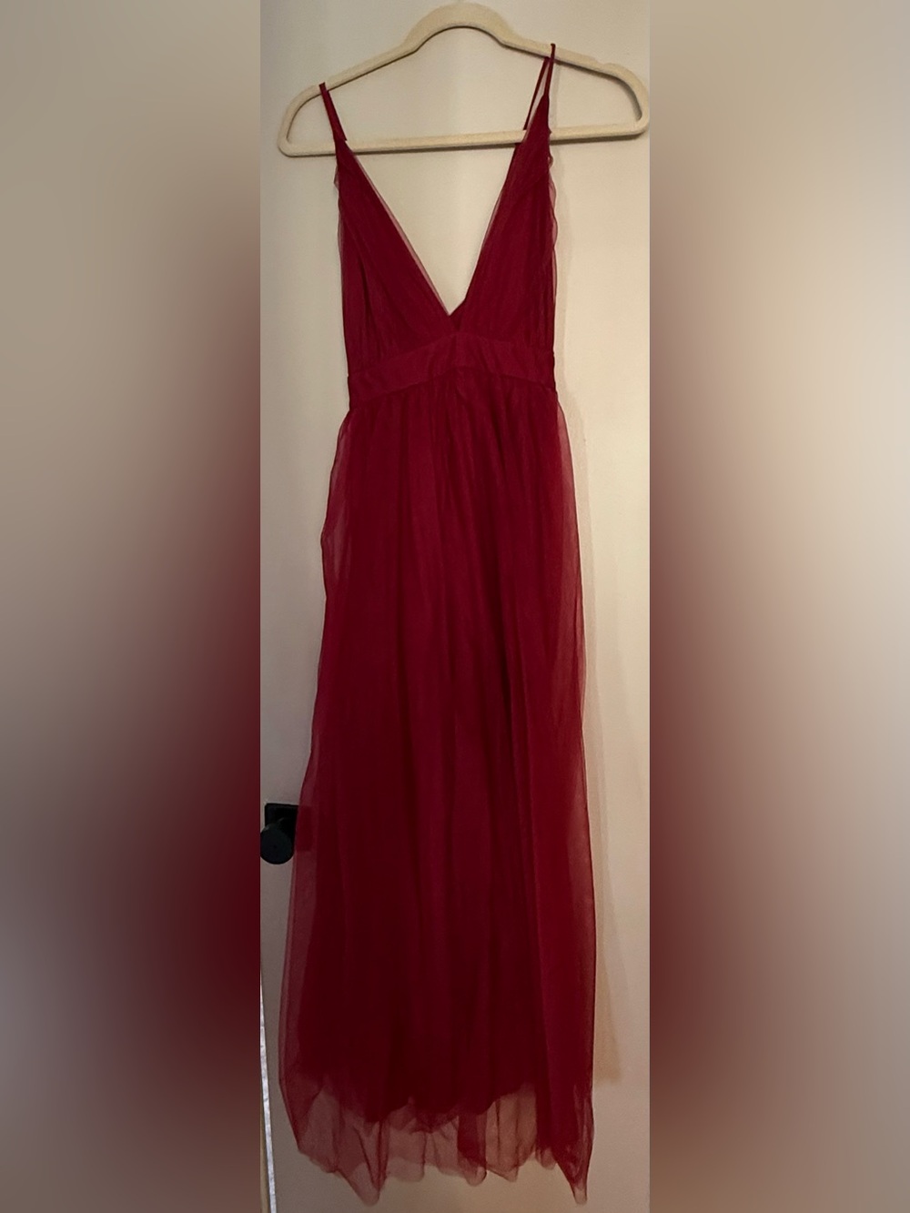 Sleeveless Red Tulle Maxi Skirt Dress with Deep V Neck